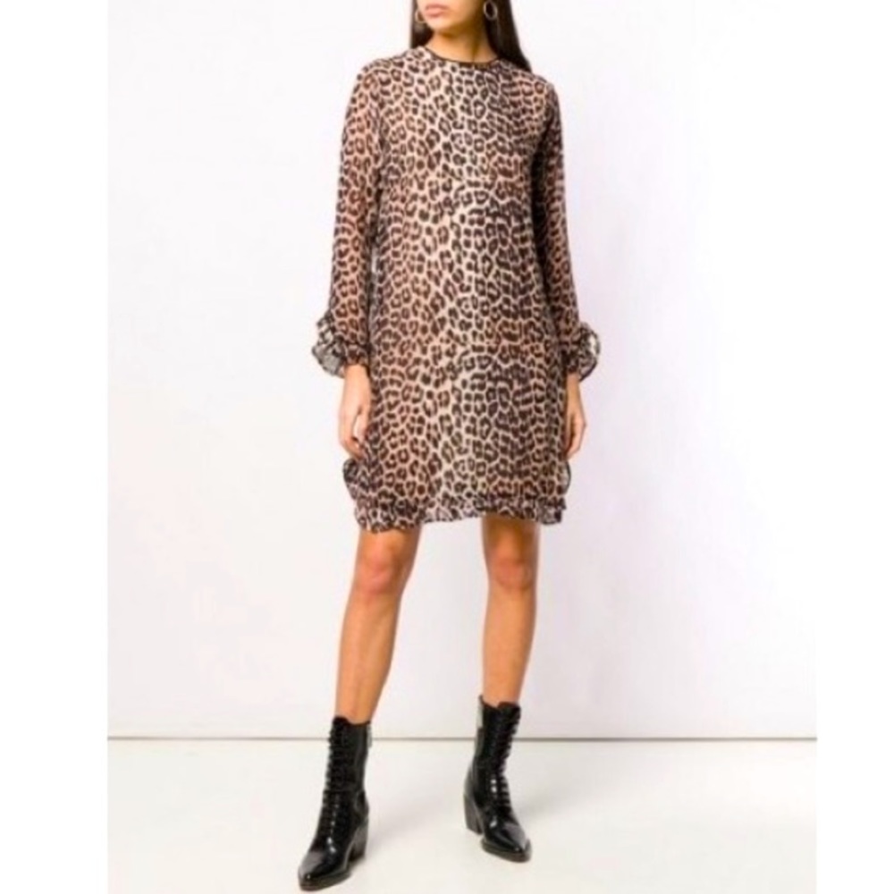 GANNI Mullin Georgette Leapord Ruffle Shift Mini Dress 34